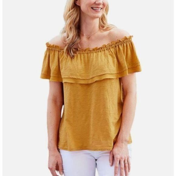 Matilda Jane Fast Lane Top Marigold Yellow Ruffle Off The Shoulder Blouse Size X - Picture 2 of 8